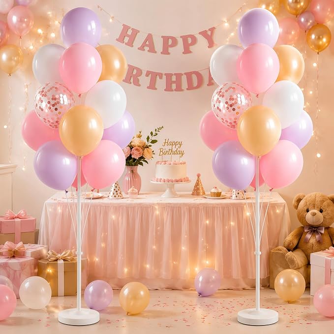 Balloon Column Kit Set of 2,Anti-Tip Sand-Fill Base Balloon Tower Stand with 10" 26pc pink purple Confetti Balloons,Height Adjustable for Easter Birthday Wedding Bridal Party Decorations