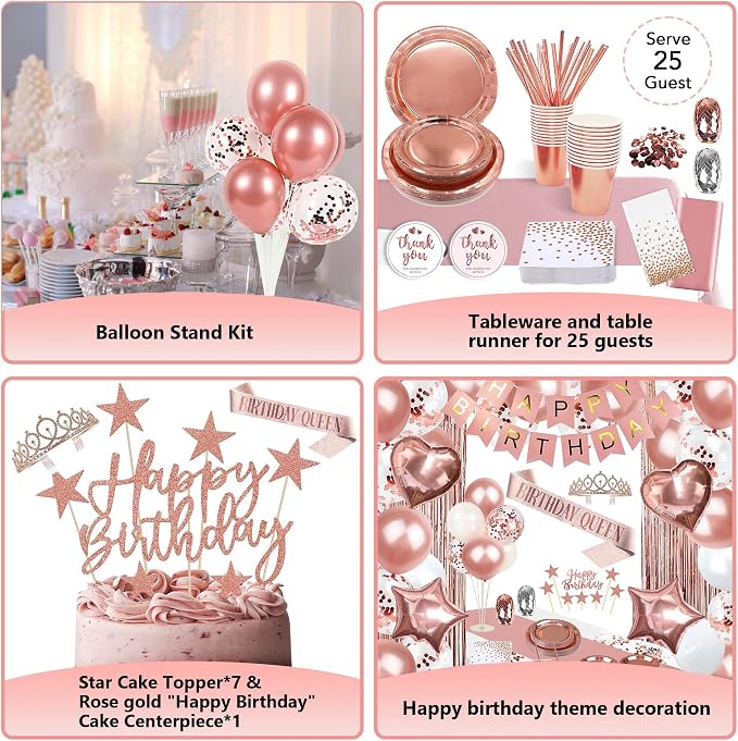 253 Pcs Birthday Decorations for Women, Rose Gold Party Decorations for Women, Party Decoration Supplies, Tableware Kit, Banner, Tassel Curtain, for 25 Guests