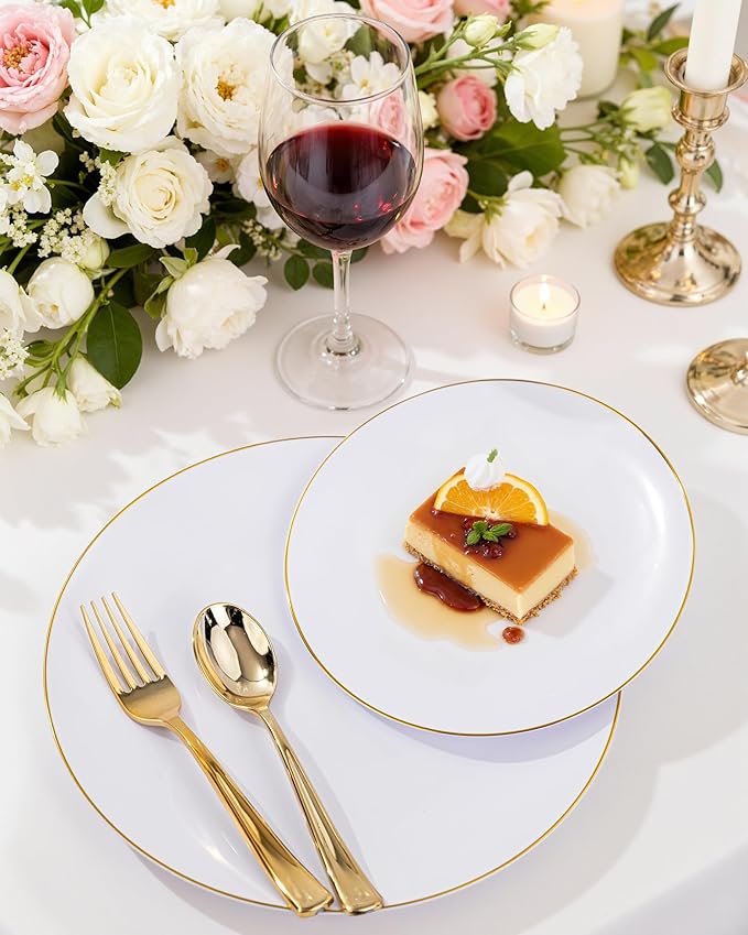 Nervure 100 Pieces Gold Plastic Plates - 10.25 inch Gold Dinner Plates - Heavyweight White and Gold Disposable Plates Ideal for Wedding & Party & Mothers Day