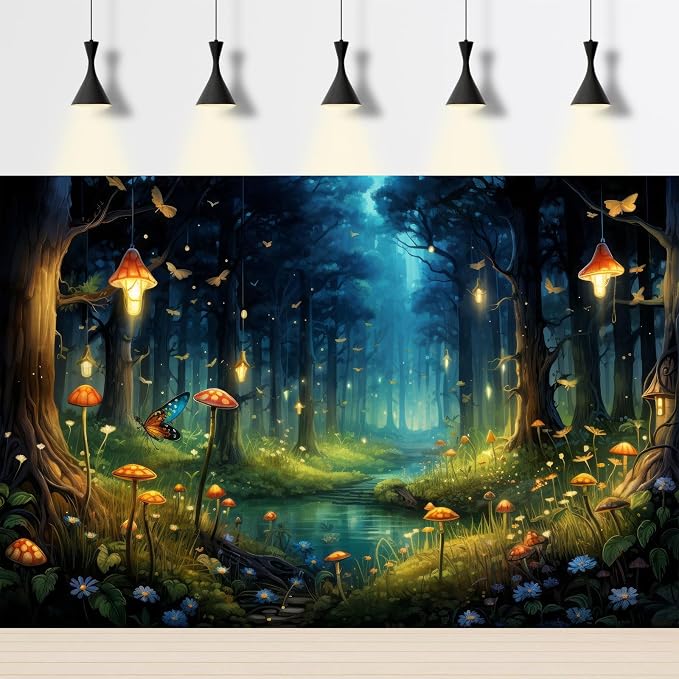 Fantasy Forest Backdrop Night Magical Forest Mushroom Tranquil Stream Photography Background Rainforest Jungle Tree Natural Landscape Backdrop Decorations Glittering Luminous Mushroom Props 15x8ft