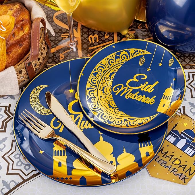 Nervure 125PCS Ramadan Plastic Plates - Eid Mubarak Plates - Blue Gold Plates Include 50 Plates 25 Spoons 25 Forks 25 Knives for Ramadan Mubarak Table Decorations Eid Al-fitr Party Favors