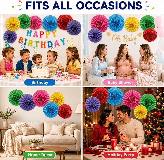 6 Pack Colorful Hanging Paper Fans, Round Pattern Paper Garlands Vibrant Fiesta Pinwheels for Birthday, Back to School Classroom Decor, Baby Shower, Graduation, Wedding Holiday Celebrations