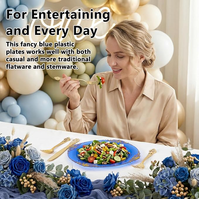 102PCS Blue Plastic Plates - Royal Gold Disposable Plates - Clear Blue Party Plate - Heavyweight Disposable Plate with Gold Rim - Fancy Dinner & Dessert Plates for 51 Guests Party Wedding