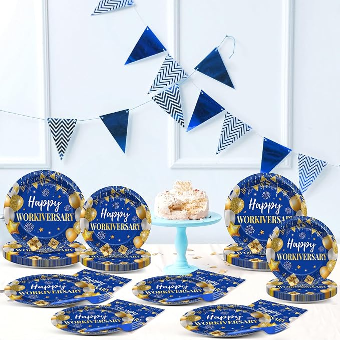 Justforjoyful 96Pcs Happy Work Anniversary Party Supplies Blue Gold Happy Workiversary Tableware Dinnerware Set Worker Appreciation Plates Napkins Decorations for Women Men Office Employee Worker