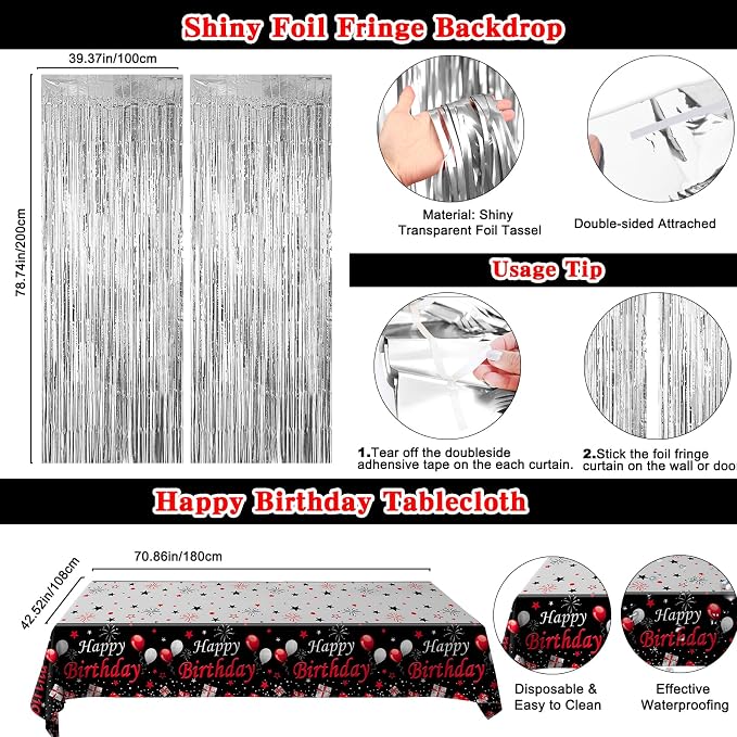 Red Birthday Decorations for Men Women Boys Girls, 91PCS Red Black and Silver Happy Birthday Decorations Kit- Happy Birthday Banner, Star Balloons Arch, Tablecloth, Fringe Curtain, Bday Party Supplies