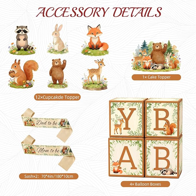 Woodland Baby Shower Decorations 140 PCS, Forest Animals Theme Party Supplies with 7x5ft Backdrop, Tablecloth, Balloon Arch Kit, Cake Toppers, Boxes, Mom to Be Sash, Baby Boy Shower Decorations