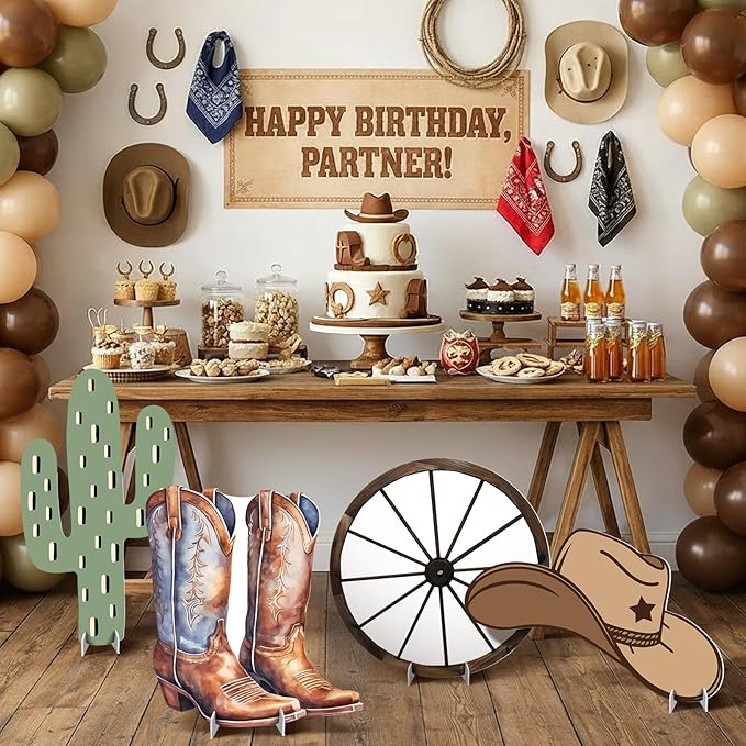 4 Pcs Western Party Decorations, Large Cowboy Birthday Party Decorations, 24 Inch Plastic Cardboard Cutouts Props, Wild West Themed Standups with Boots Wagon Wheel Cactus Hat for Photo Booth
