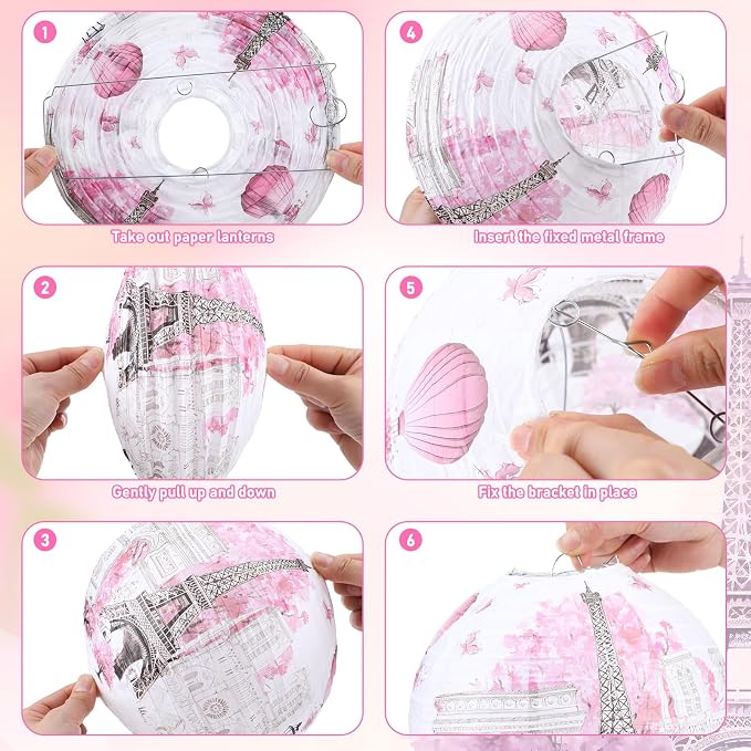 Panelee 12 Pcs Paris Party Decorations Eiffel Tower Pink Paper Lanterns 8 Inch Hanging Round Hanging Paper Party Decorations for European City Landscape Theme Ceiling Holiday Decor Supplies