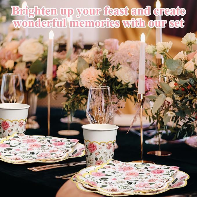 Funnymoom 250 Pcs Floral Party Decorations Flower Paper Plates Napkins and Cups Pink and Gold Floral Disposable Tableware Set for Bridal Shower Baby Shower Wedding Spring Tea Party Supplies, Serves 50