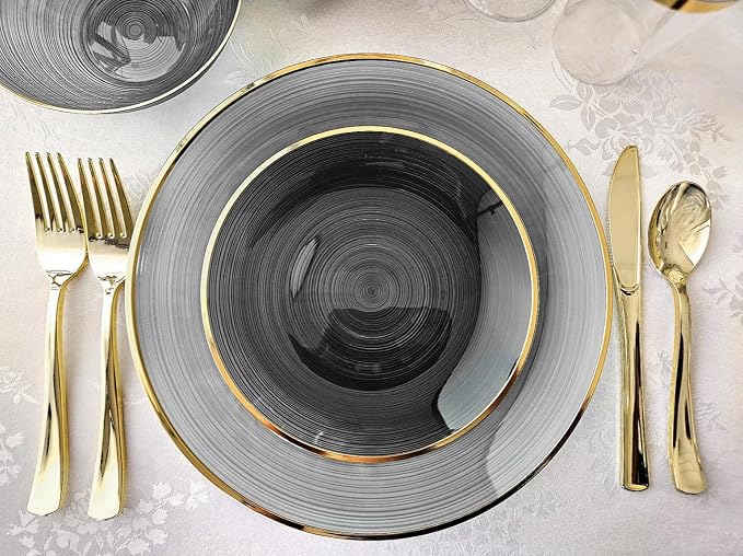 OCCASIONS 50 Black and Gold Plates for 25 Guests (Belize in Black & Gold) | China-Like Look, Fancy Heavy Duty Disposable Plastic Dinnerware Set, 10" Dinner & 7" Salad/Dessert, Wedding Party, BPA Free