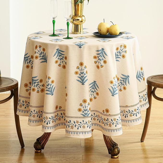 ISAENNE Designer French Linen Round Tablecloth,Diameter 67"-Estevan A | Vintage Elegant Beautiful Printed Table Cloth,Pale Yellow Floral Pattern,Durable,Dining,Kitchen,Tea Party,Thanksgiving