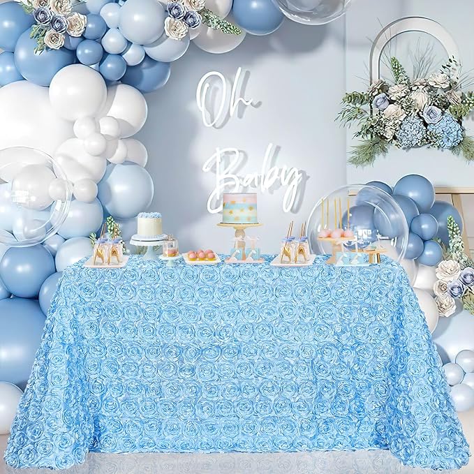 B-COOL Light Blue Rosette Tablecloth 90x156 Inch Baby Shower Party Table Cloths 3D Floral for Brithday Holiday Wedding Engagement Party Decorations