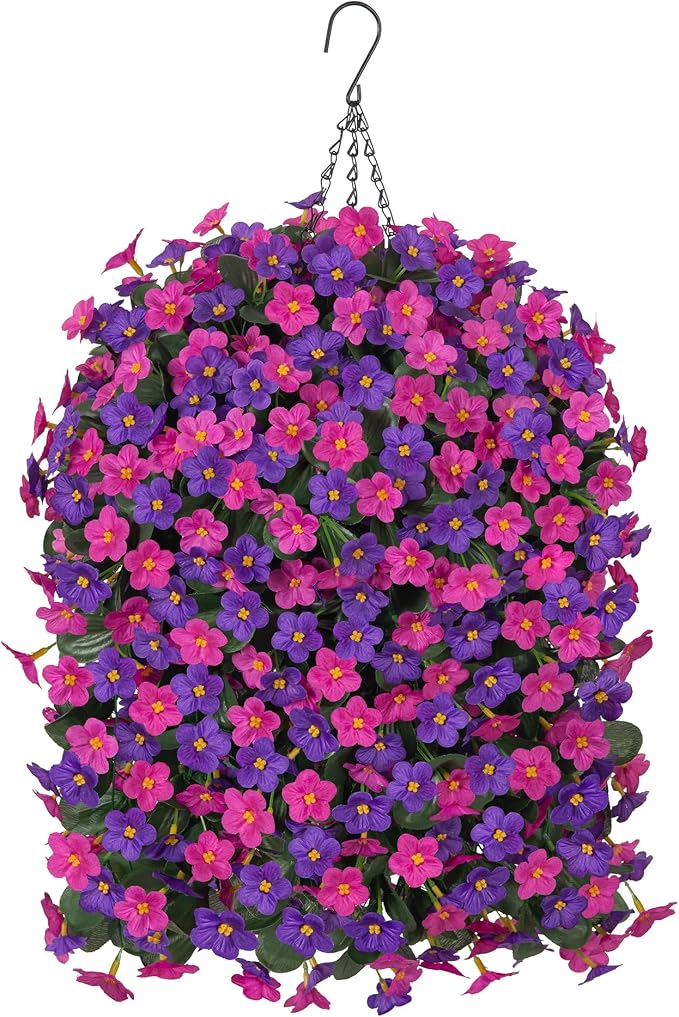 Artificial Flowers Baskets for Outdoor Decoration, Fake Hanging Plants Silk Dark Purple Fuchsia Daisy Mums Trailing Vines in Planter Realistic UV Resistant for Balcony Porch Decor