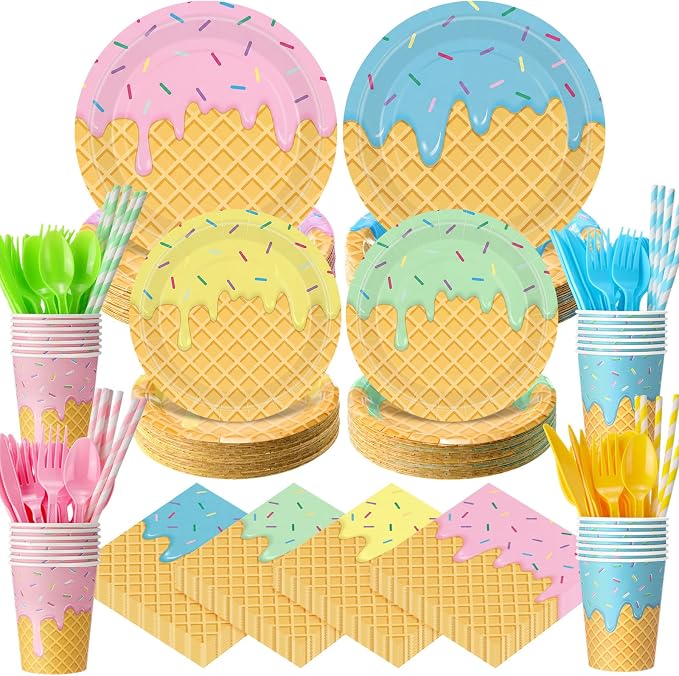 450 Pcs Ice Cream Tableware Set Decorations Summer Ice Cream Cone Paper Plates Napkins Cups Cutlery Straws for Sweet One Birthday Baby Shower Party Supplies, Serves 50