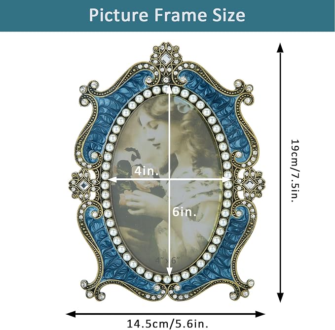 Oval Vintage Picture Frame 4x6 Antique Decor Christmas Ornament Ornate Blue Metal Photo Frame with Glass Front Art Table Top Retro Home Decor Gifts for Birthday Valentines