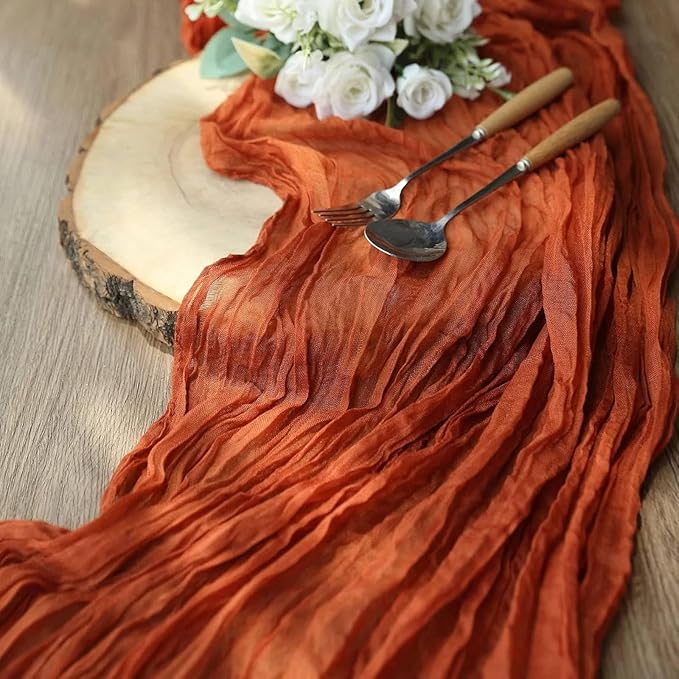 24 Pack Cheesecloth Table Runner, 35x120 Inch Terracotta Table Runners Rustic Burnt Orange Cheese Cloth Boho Gauze Semi Sheer Runner for Wedding Baby Shower Home Decor