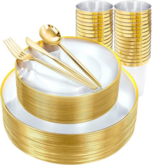 ejonirinjonir EI 180pcs Gold Plastic Plates,Clear Plates with Gold Trim,Plastic Plate for Party,Clear Dinnerware Set Silverware Cups for Baby Shower,Wedding,Spring Afternoon Tea