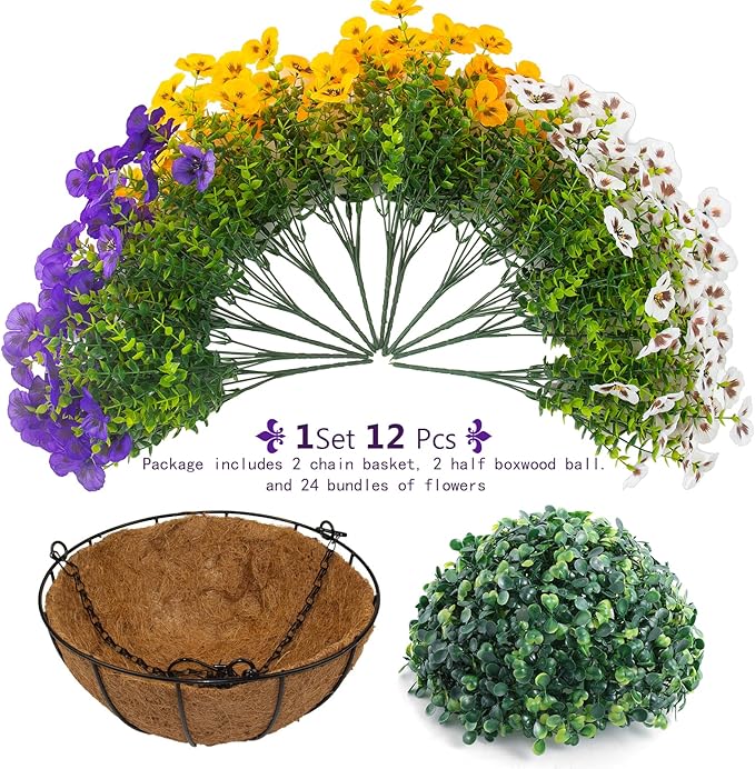 lovemoon 2 Sets Artificial Hanging Pansy Flowers with Baskets, 24 Pcs UV Resistant Faux Silk Pansy Outdoor Hanging Flower for Porch Patio Garden Home Spring Decor (2, White,Yellow,Purple)
