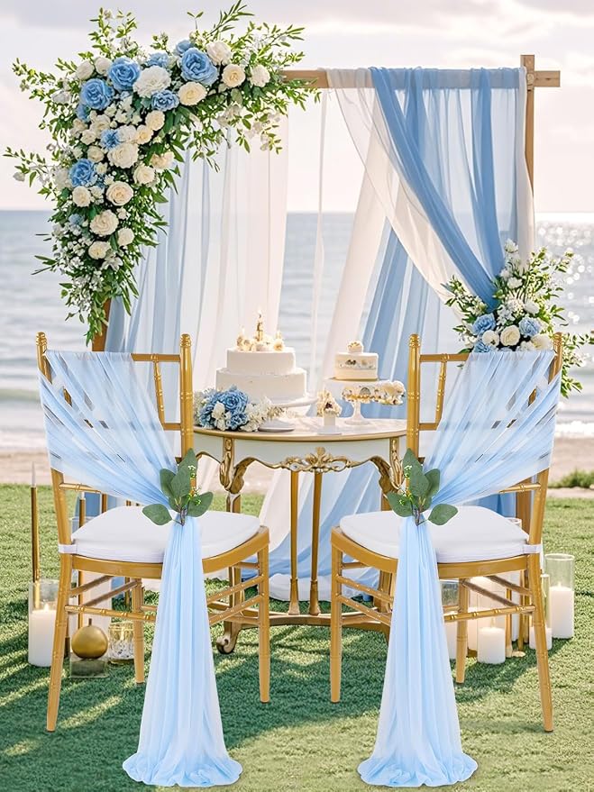 QueenDream Light Blue Sashes Wedding Chair Decorations: 50PCS Tulle Chair Cover Bands Aisle Sheer Bows for Birthday Party Banquet