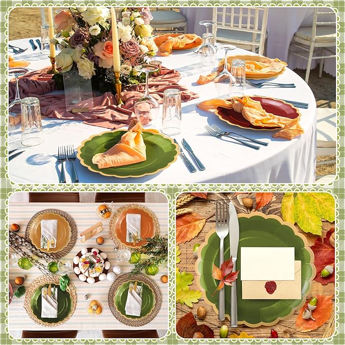 48 Pcs Green and Brown Paper Plates 9 Inch Gradient Woodland Scalloped Paper Plates Disposable Dinner Dessert for Birthday Wedding Bridal Party Supplies, 6 Colors