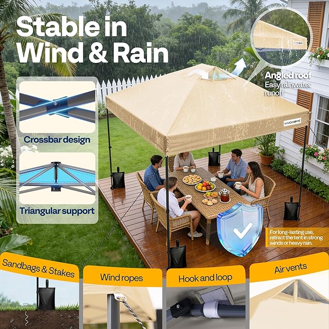 VIVOHOME 8x8ft Pop Up Canopy Tent One Push Setup Outdoor Portable Shelter Tent Heavy Duty with Wheel Carry Bag and 4 Sandbags, Beige