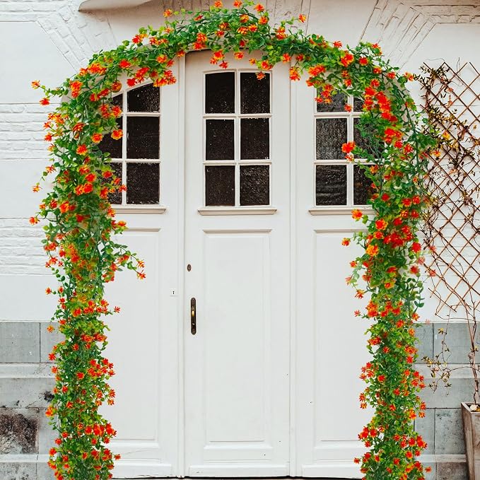 RECUTMS Faux Eucalyptus Garland Plant Fake Vines, Artificial Hanging Eucalyptus Leaves Greenery Vines Arch Kit Flower Green Garlands for Wedding Backdrop Wall Party Home Indoor Outdoor(Orange)