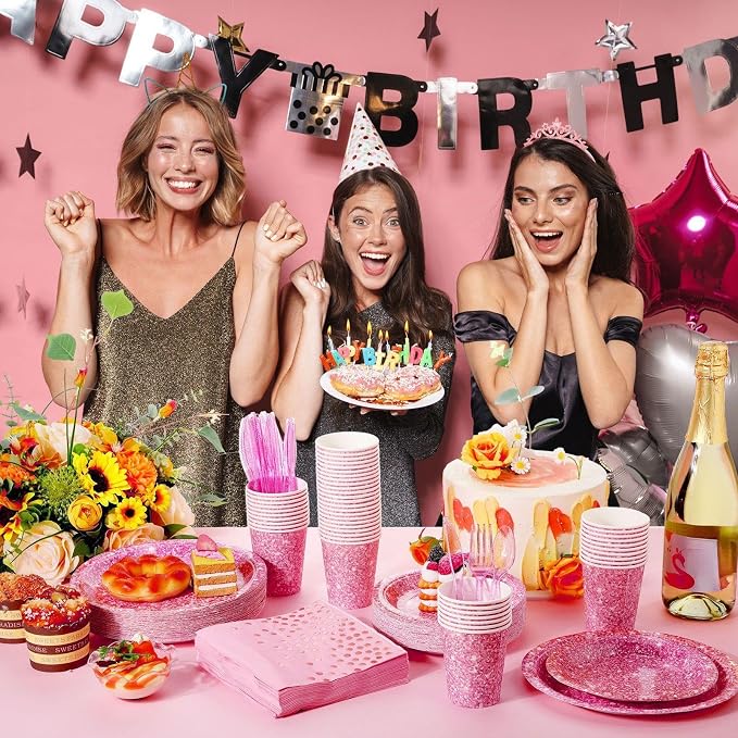 Hushee 175 Pcs 25 Guests Pink Paper Party Plates and Cups Napkins Sets Holographic Glitter Disposable Dinnerware Plastic Forks Knives Spoons Birthday Bachelorette Wedding Party Supplies
