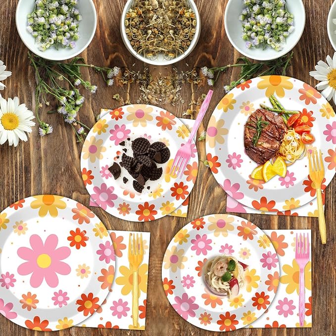 Qyeahkj 50 Guests Groovy Daisy Plates and Napkins Party Supplies Boho Hippie Party Decorations Disposable Tableware Set Retro Hippie Daisy Dinnerware Favor for Birthday Baby Shower,200PCS