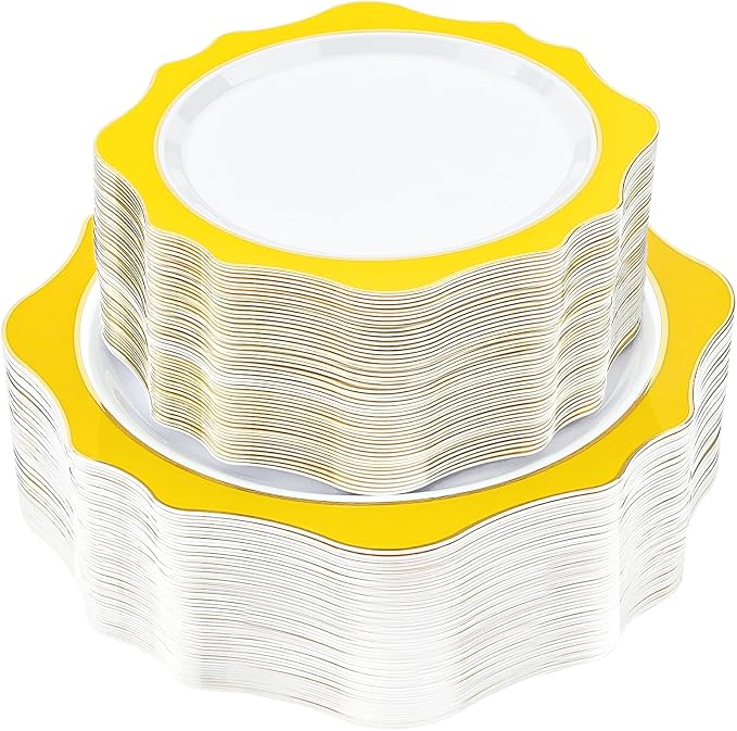 realluck 100 PCS White and Yellow Disposable Plates for 50 Guests, Scalloped Plastic Plates Include 50 Dinner Plates and 50 Dessert Plates for Party, Wedding