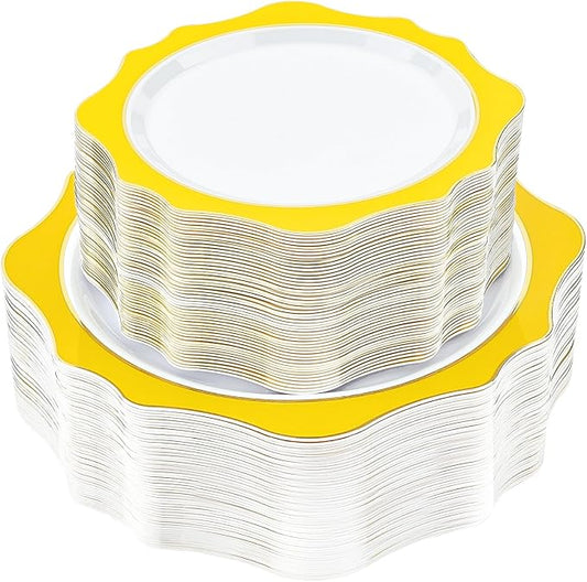 realluck 100 PCS White and Yellow Disposable Plates for 50 Guests, Scalloped Plastic Plates Include 50 Dinner Plates and 50 Dessert Plates for Party, Wedding