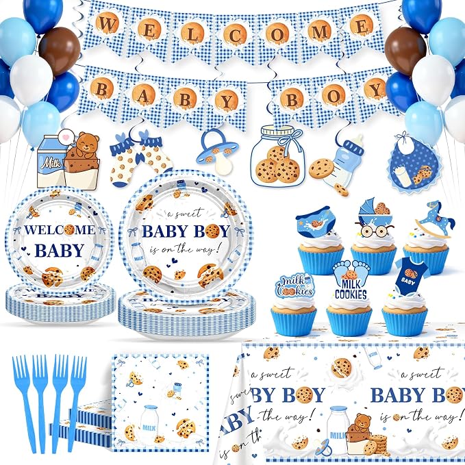 Milk and Cookies Baby Shower Decorations Kit:134 Pcs Welcome Baby Boy Plates Napkins Tablecloth Banner Hanging Swirls Cake Toppers Balloons Cookies Baby Shower Decorations for Boy