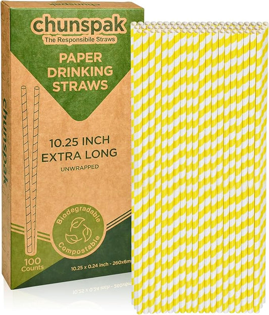 Yellow White Striped Paper Drinking Straws, 10.25 Inch Long, 0.24" Dia. - For Cocktail, Soda, Tall Bottles - 100 PCS