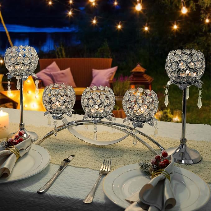 Set of 3 Silver Crystal Tea Light Candlestick Holders Flower Shape with Crystal Pendant Bowl Votive Metal Candle Holder for Table Centerpieces Wedding Home Decor