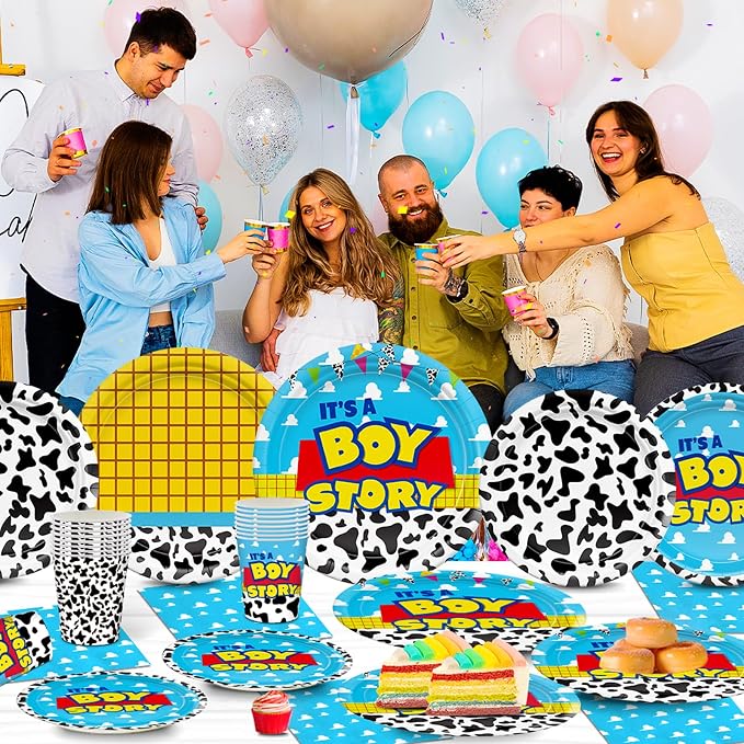 120pcs Toy Baby Shower Decorations Plates Napkins It's Boy Paper Cup Disposable Tableware Set Cartoon Baby Shower Party Kids For 30 Guests