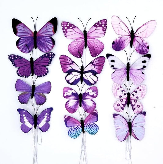 12 Pcs 3D Butterfly Decorations, DIY 2 Sizes Butterflies Decor, Butterfly Craft, Decorative Butterflies Gift for Fake Flowers Bouquet Women Party Living Room Wall Decor. (Purple)