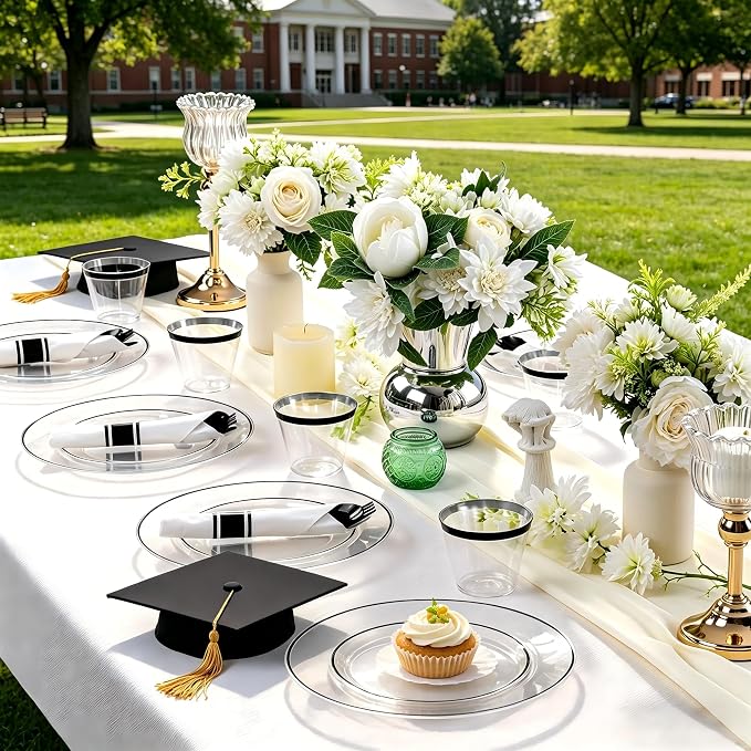 SUT 175 Pcs Black and Clear Plastic Dinnerware Set for 25 Guests, Include: 25 Dinner Plates, 25 Dessert Plates, 25 Pre Rolled Napkins With Silverware, 25 Cups, Disposable Plates for Party