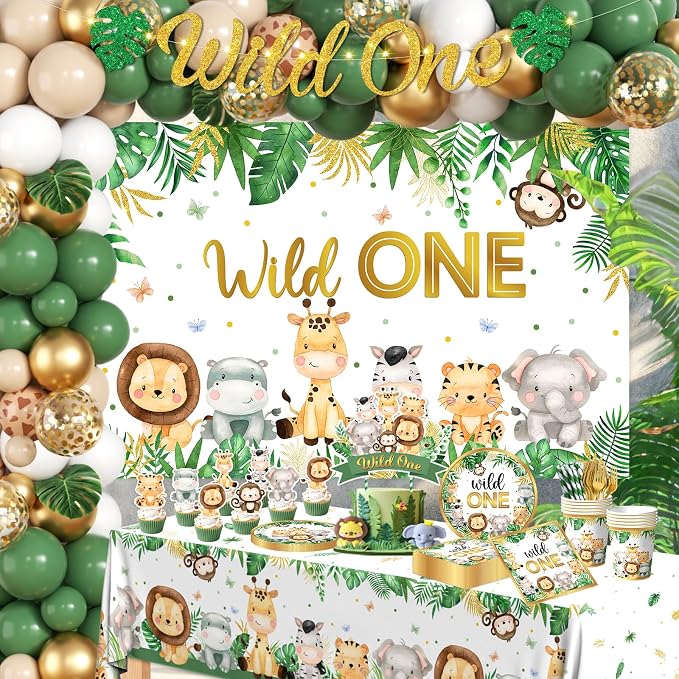 Wild Birthday Decorations,Safari Birthday Decorations 277Pcs Wild Plates and Napkin Sets Banner Backdrop Tablecloth Cake Topper Balloon Garland for Jungle 1st birthday Decorations