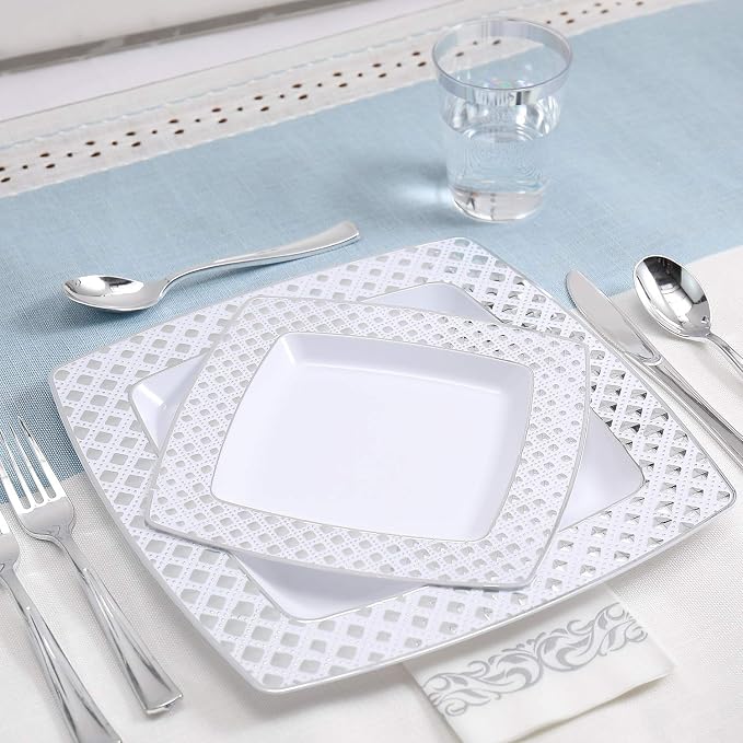 FOCUSLINE 175 Count Silver Dinnerware Set for 25 Guests, Disposable Square Plastic Plates with Diamond Rim, Includes 25 Dinner & Dessert Plates, Napkins, Cups, Cutlery Set for Wedding Parties