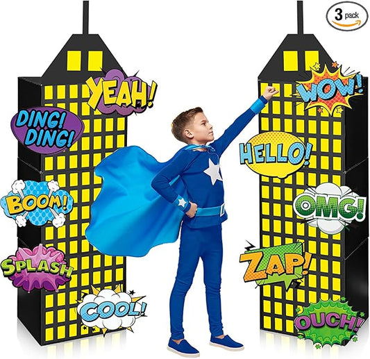 Super Theme Hero Party Photography Backdrop Boxes for Hero Birthday Decorations Skyscraper City Boxes Include 6 Skyscraper Boxes 10 Stickers 2 Roof Decor for Super Theme Party (Hero 18 Pcs)