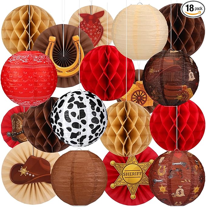 Retisee 18 Pcs Western Cowboy Party Decor Theme Hanging Paper Lanterns with Wagon Wheels Straw Hay Bales Honeycomb Ball Fans for Wild West Rodeo Birthday Wedding Supplies