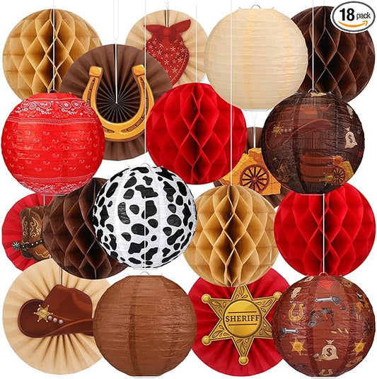 Retisee 18 Pcs Western Cowboy Party Decor Theme Hanging Paper Lanterns with Wagon Wheels Straw Hay Bales Honeycomb Ball Fans for Wild West Rodeo Birthday Wedding Supplies