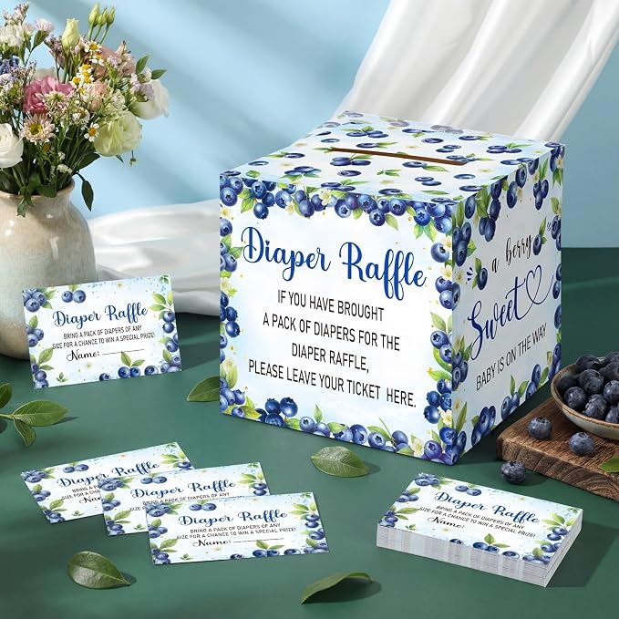 Teling 51 Pieces Diaper Raffle Tickets with Card Box Baby Shower Decorations Gender Reveal Holder Box for Girl Boy Diaper Raffle Party(A Berry Sweet Baby is on the Way)