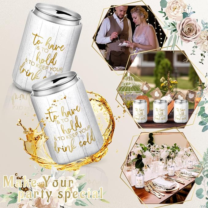 Qinyoung 50 Pieces Wood Grain Wedding Can Cooler Sleeves Bulk Engagement Party Favors for Guests Cheers to Love Laughter and Happily Ever After Rehearsal Dinner Decorations for Wedding Bridal
