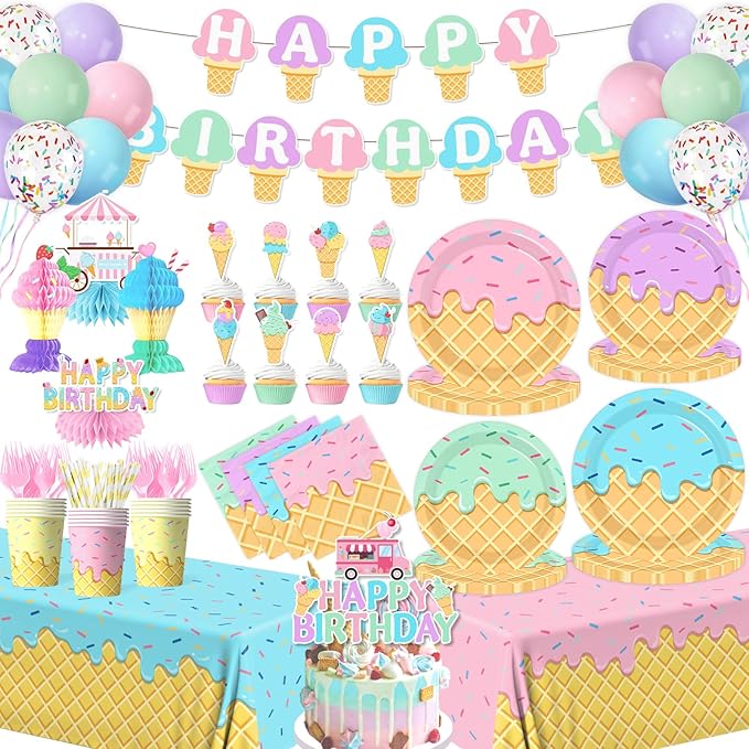 Ice Cream Birthday Party Decorations for Girl, 190Pcs Ice Cream Party Supplies Plates Napkins Tablecloth Banner Balloons Table Centerpieces for Kids Summer Birthday Ice Cream Party Decor, Serves 24