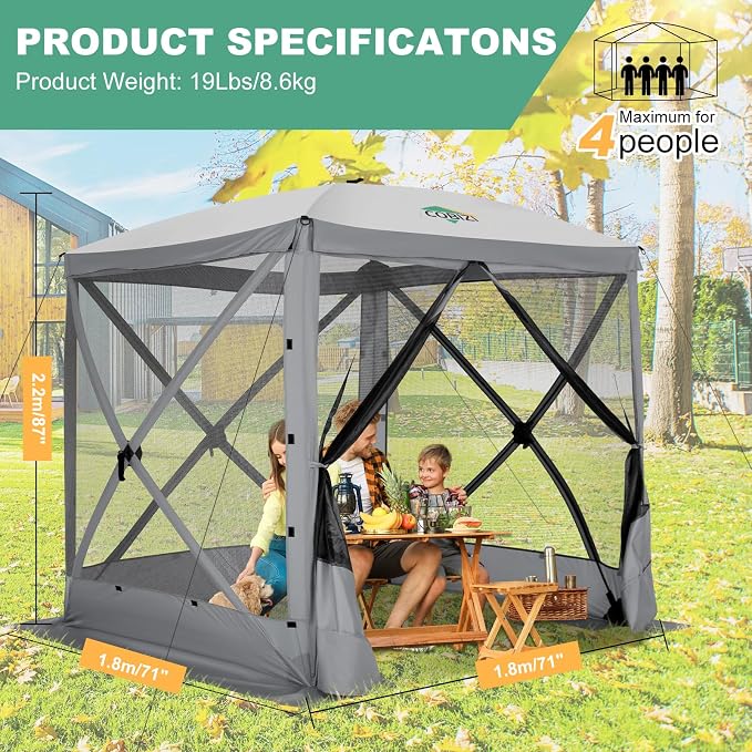 COBIZI 6x6 FT Pop up Gazebo, Popup Canopy Tent, Waterproof Screened in Gazebos,Portable Outdoor Small Screen Tents Sun Shelter,carpas para Patio for Camping, Garden and Backyard,Gray
