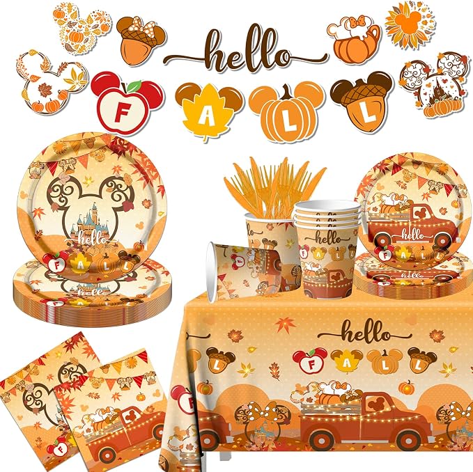 Hello Tableware Decoration,142pcs Fall Theme Mouse Pumpkin Dinnerware Include Mouse Plats Napkins Cups Plastic Fall Tablecloth for Thanksgiving Party Supplies(Serve 20)
