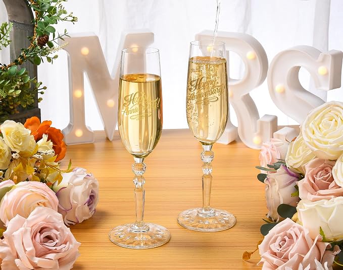 Happy Anniversary Decorations Gifts for Couple. Classical Style Happy Wedding Anniversary Champagne Flutes Glasses for Anniversaries of Any Year, Gifts for Men, Women, Husband, Wife