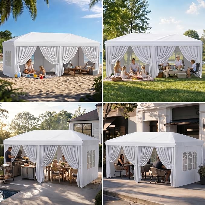10x20 Pop Up Canopy with Sidewalls, Instant Tent with Carry Bag, Sandbags, Height Adjustable Waterproof Outdoor Canopy, Outdoor Canopy for Events, Camping, Parties (White)