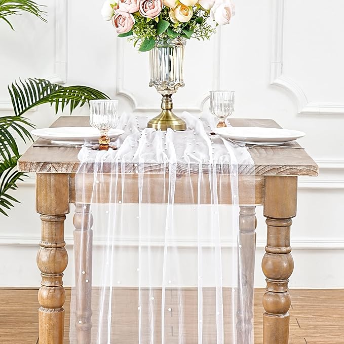 Pearl Gauze Table Runner Sheer Tulle Fabric Set of 6 White Lace Table Runners 29x120 Inch Boho Rustic Desk Centerpieces for Bridal Shower Birthday Party Wedding Arch Aisle Veil Dessert Table Decor