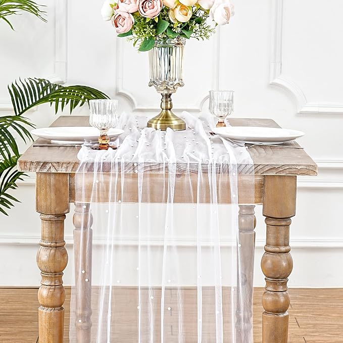 Pearl Gauze Table Runner Pack of 12 Tulle Fabric Lace Boho Sheer Dinner Runners 10ft Table Runners for Bridal Shower Birthday Party Wedding Arch Veil Dessert Desk Decorations